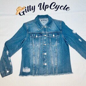 Upcycled distressed Jean jacket frayed hem with deer flower antler patch on back